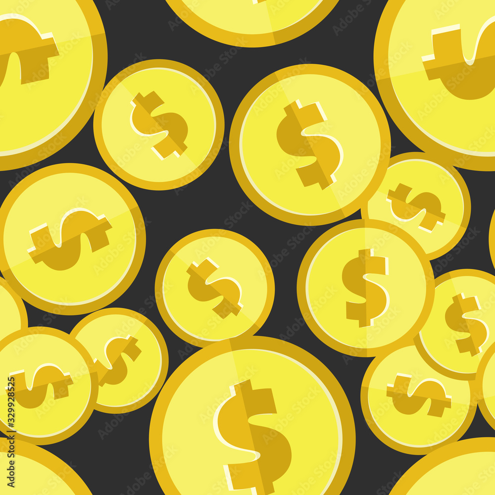 Abstract golden coins with dollar sign seamless pattern. Wrapping background with repeating USA currency symbols in gold colors randomly placed on black. Vector eps8 illustration. Abstract golden coins with dollar sign seamless pattern. Wrapping background with repeating USA currency symbols in gold colors randomly placed on black. Vector eps8 illustration.