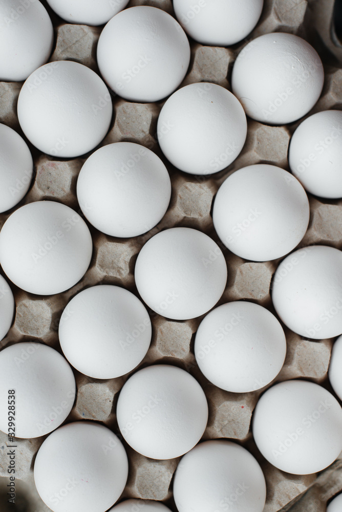 Tray of white fresh eggs close-up on a cardboard form. Agricultural industry Tray of white fresh eggs close-up on a cardboard form. Agricultural industry