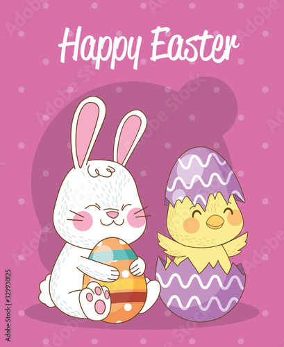happy easter seasonal card with chick and rabbit in eggs painted