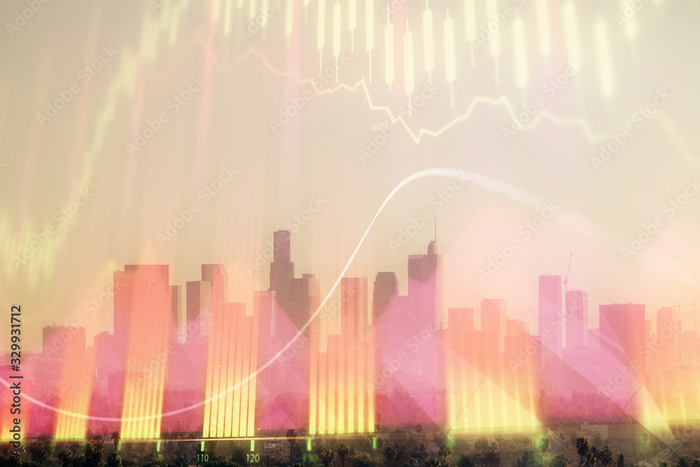 Naklejka premium Forex chart on cityscape with skyscrapers wallpaper double exposure. Financial research concept.