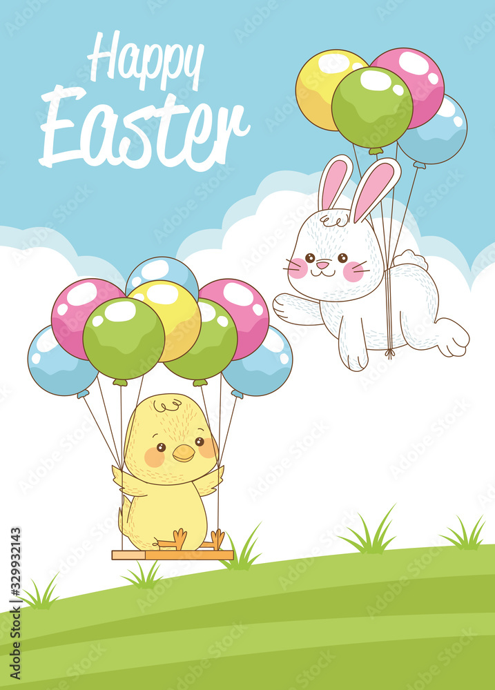 happy easter seasonal card with chick and rabbit in balloons helium happy easter seasonal card with chick and rabbit in balloons helium