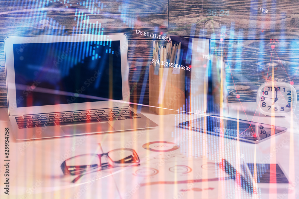 Fototapeta premium Multi exposure of forex graph and work space with computer. Concept of international online trading.