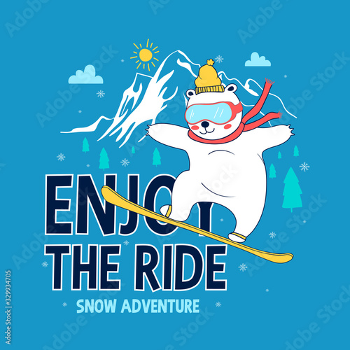 Hand drawing snowboard bear vector illustration and slogan for print design.