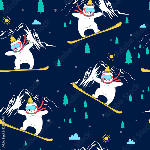 Hand draw snowboard bear vector illustration and pattern for print design.