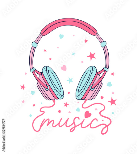 Hand drawing print design. Headphone and slogan vector illustration .