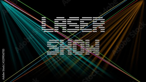 Laser show, white digital lettering on black background with multicolored moving rays and beams, fullHD animation photo