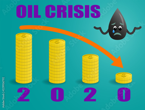 Sad Oil Drop Character snd Stack of Gold Coins, Banner of Oil Crisis Concept.