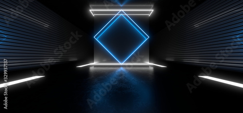 Dark tunnel with bright blue neon lights on a black background. 3d rendering image.