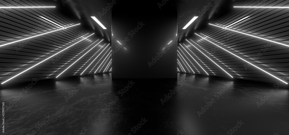 Fototapeta premium Dark hall with bright white neon lights on a black background. 3d rendering image.