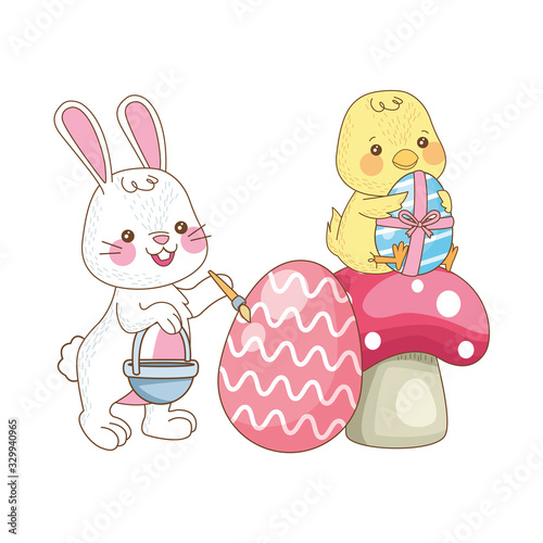 little rabbit and chick with eggs painted in fungus