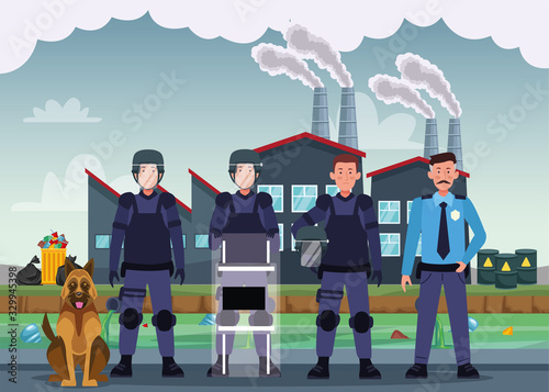 group of riot polices with uniforms and dog characters