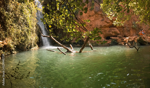 Elevated view through the treetops of waterfalls.