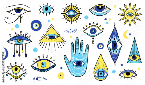 Evil eyes icon set, various talismans in hand drawn style. 