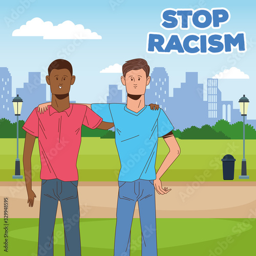 couple of interracial men stop racism campaign