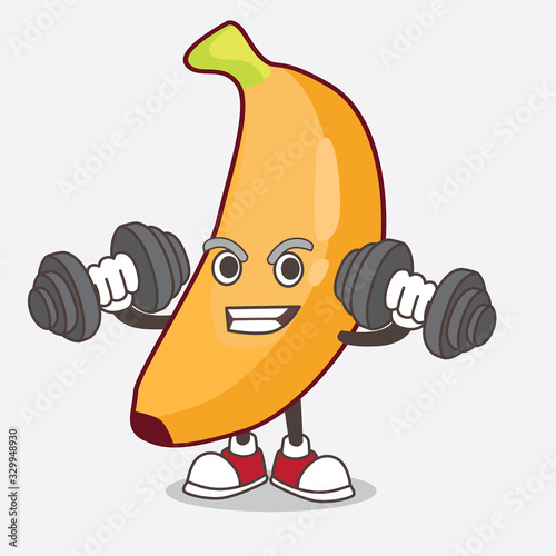 Banana Fruit cartoon mascot character on fitness exercise trying barbells