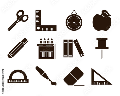 school education learn supply stationery icons set silhouette style icon