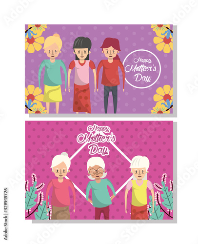 happy mothers day card with grandmothers and daughters characters