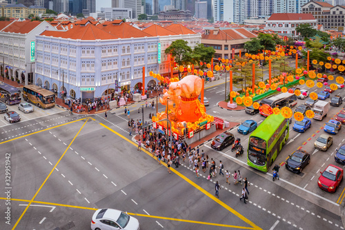 Photography Jan 27/2019 New Bridge Road with Lunar New Year decoration theme during blue hou