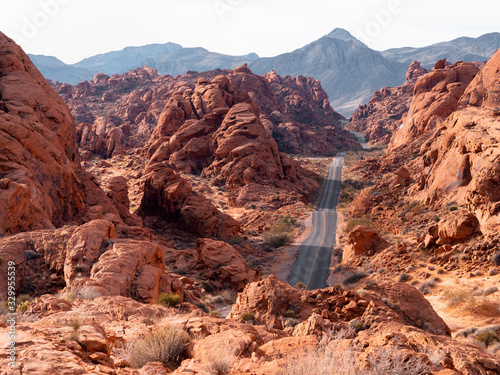 Incredibly beautiful landscape in southern Nevada, United States. View of the Valley of Fire road from the heights.
