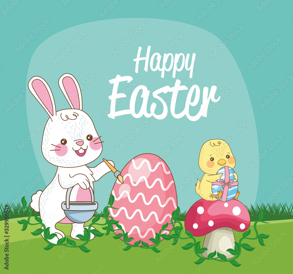 happy easter seasonal card with chick and rabbit painting egg happy easter seasonal card with chick and rabbit painting egg