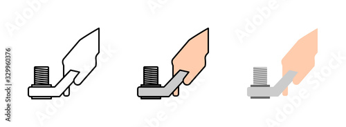 hand holding spanner with tighten nut icon set isolated on white background for web design