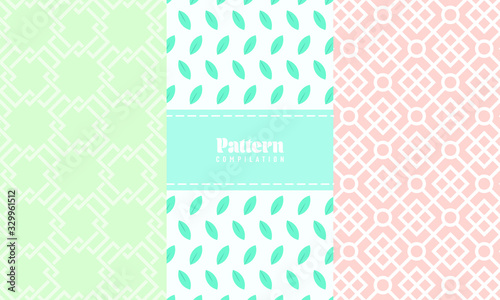 Three different background pattern template vector, ancient, fresh leaf and classic pattern style