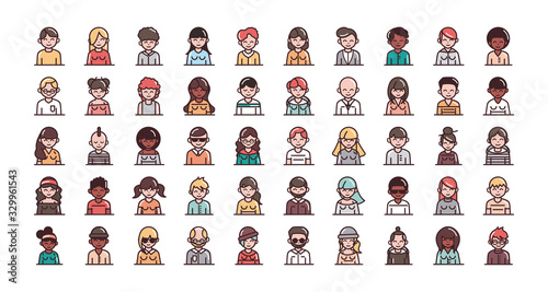 avatar male female men women cartoon character people icons set line and fill style icon