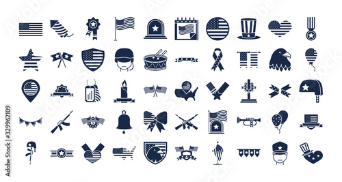 memorial day american national celebration icons set silhouette style icon