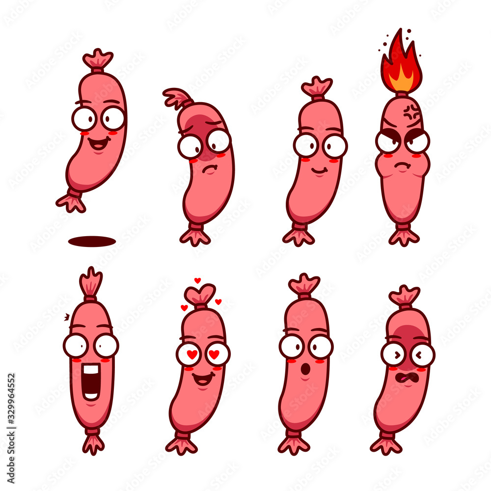 Cute sausage wiener snack fast food cartoon character mascot with emoji