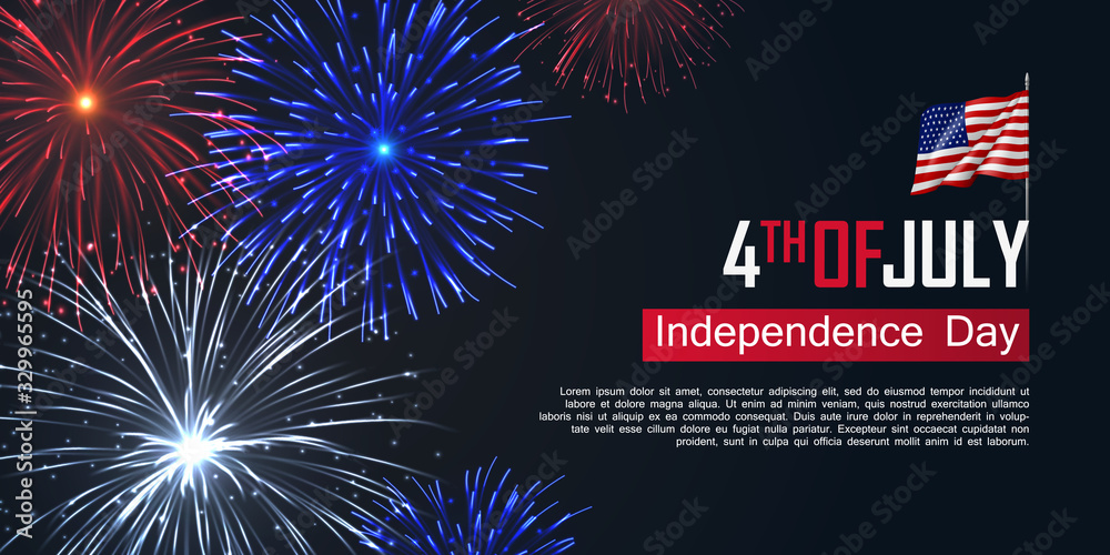 Fourth of July happy independence day horizontal banner. USA day celebration flyer with realistic dazzling display of fireworks. National patriotic and political holiday poster vector illustration. - obrazy, fototapety, plakaty 