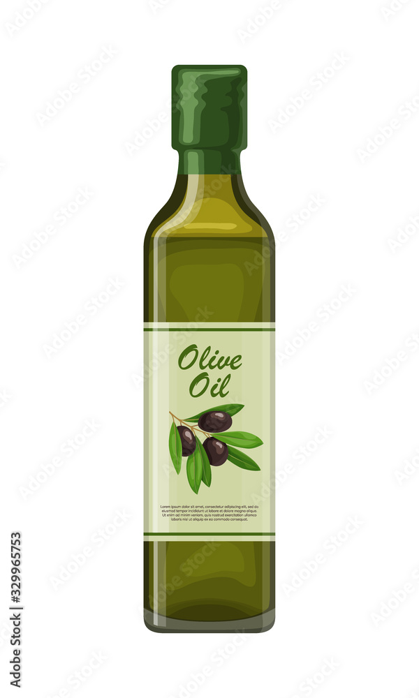 Cartoon glass bottle of olive oil isolated on white background. Organic ingredient for mediterranean cuisine. Extra virgin olive oil vector illustration. Healthy and natural food, vegetarian diet Cartoon glass bottle of olive oil isolated on white background. Organic ingredient for mediterranean cuisine. Extra virgin olive oil vector illustration. Healthy and natural food, vegetarian diet