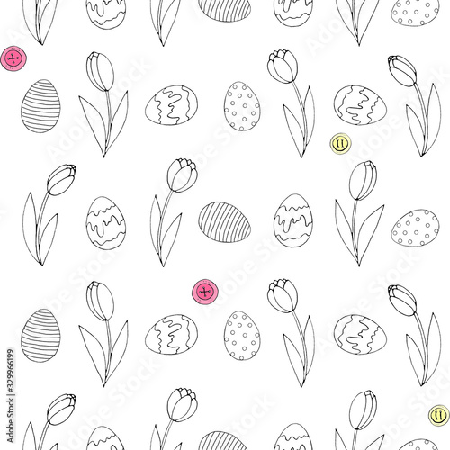 Seamless Pattern with growing contour flowers tulips, eggs, buttons. Easter spring background. For printing wrapping paper, wallpaper, packaging, fabric. Hand Drawn doodle illustration