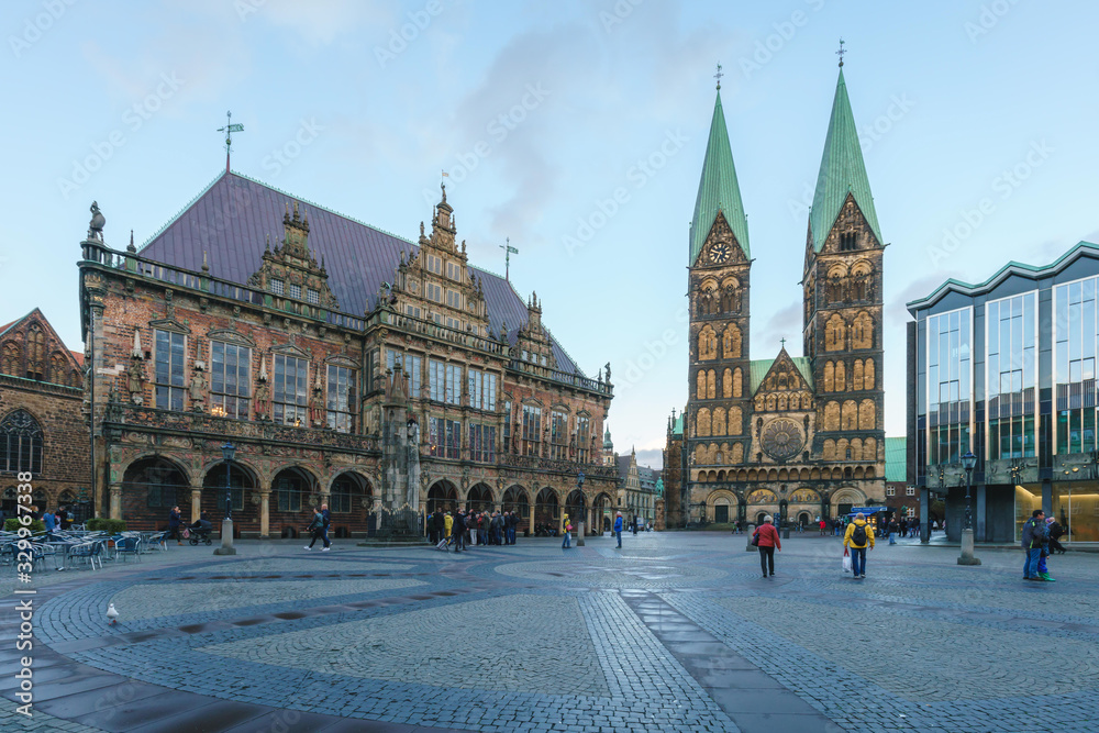 Landscapes of Bremen market square, front view of St. Petri Dom Bremen