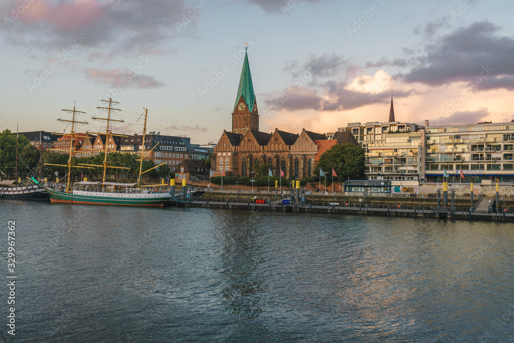 Bremen Cityscape on the Weser River during the sunset
