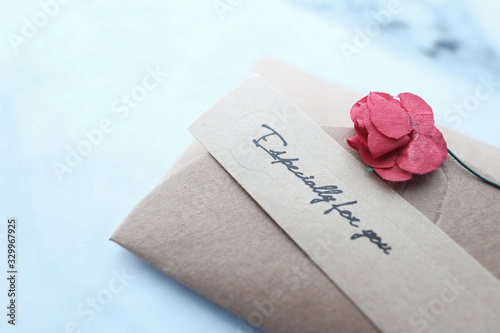 close up of envelope on tiles background for valentine day .