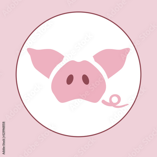flat vector illustration with pink piglet, pigs ears and tail. Icon logo for cafe and restaurant