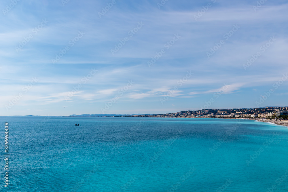 The panoramic view of the Mediterranean Sea and the landscape on the horizon on a sunny day (Provence Côte d'Azur, France)