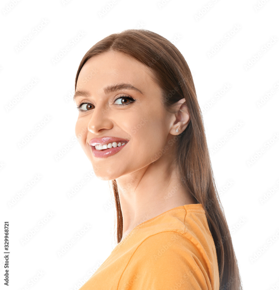 Young woman with beautiful smile on white background Young woman with beautiful smile on white background