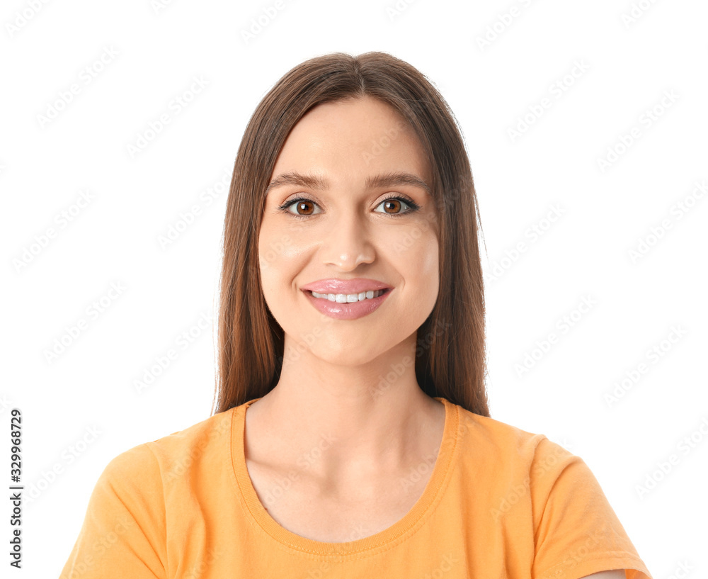 Young woman with beautiful smile on white background Young woman with beautiful smile on white background