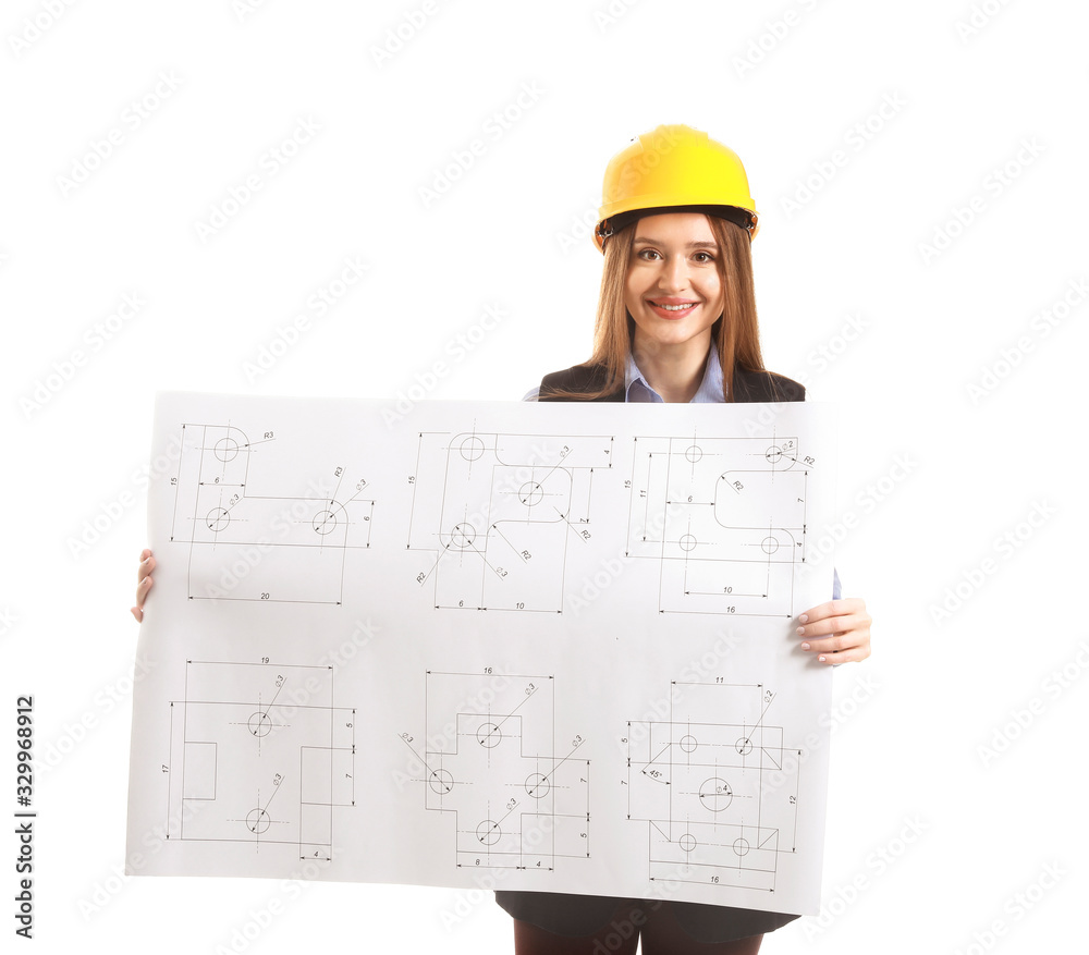 Female engineer with drawing on white background Female engineer with drawing on white background