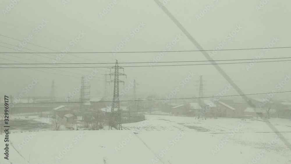 Japan railway landscape. Landscape covered with snow Japan railway landscape. Landscape covered with snow