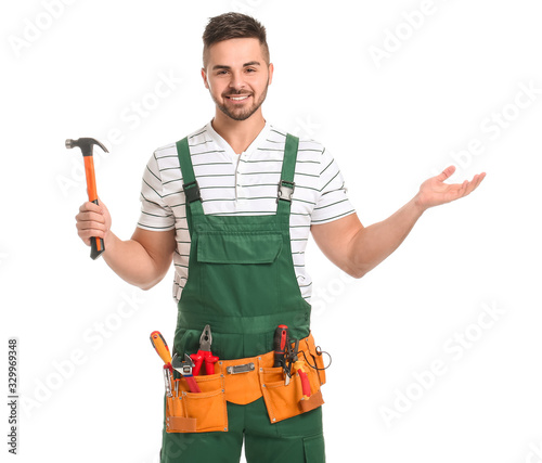 Handsome male worker on whi...