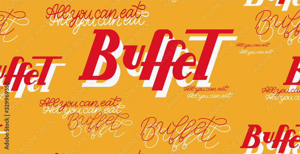 Vibrant red and yellow Buffet handwritten lettering seamless pattern vector illustration. Paper, wallpaper design for cafe and restaurant. Ketchup and mustard colors