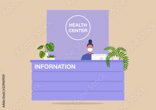 Health center, young female receptionist wearing a protective mask, coronavirus outbreak, medicine