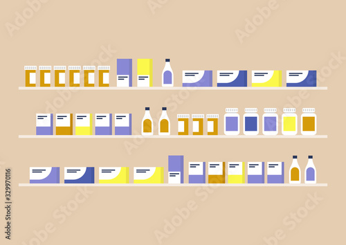 Pharmacy shelf, pills and bottles, coronavirus outbreak, drug store