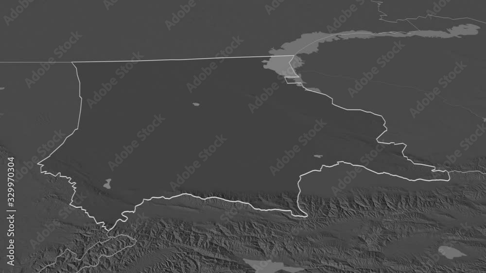 Zhambyl, region with its capital, zoomed and extruded on the bilevel map of Kazakhstan in the conformal Stereographic projection. Animation 3D Zhambyl, region with its capital, zoomed and extruded on the bilevel map of Kazakhstan in the conformal Stereographic projection. Animation 3D