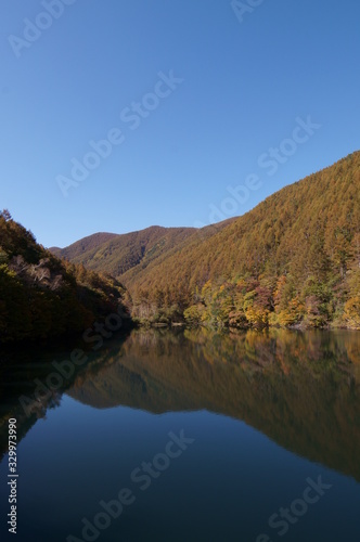 Japanese autumn forest and dam lake © travelers.high