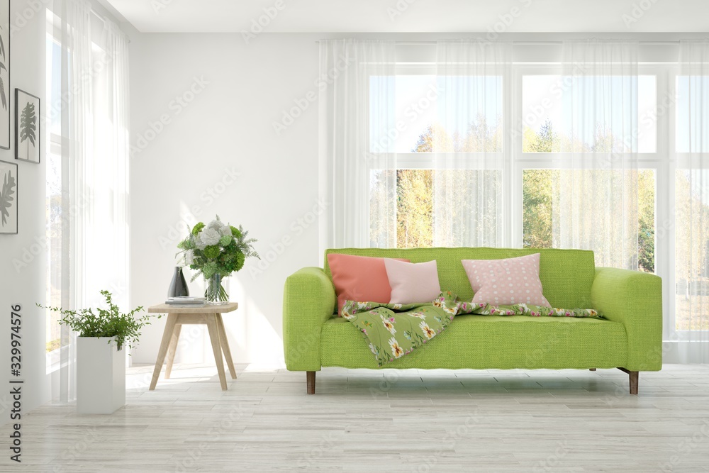 Fototapeta premium Modern living room in white color with sofa. Scandinavian interior design. 3D illustration