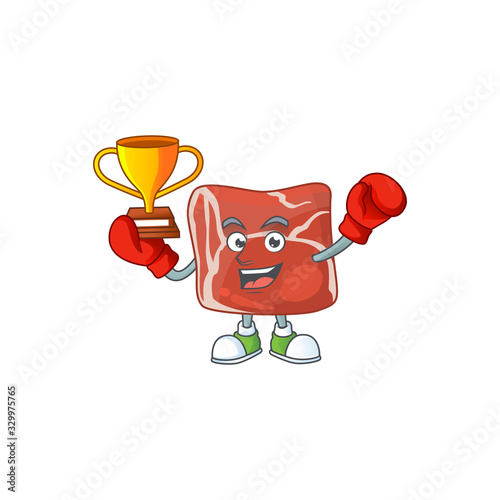 Happy face of boxing winner beef in mascot design style