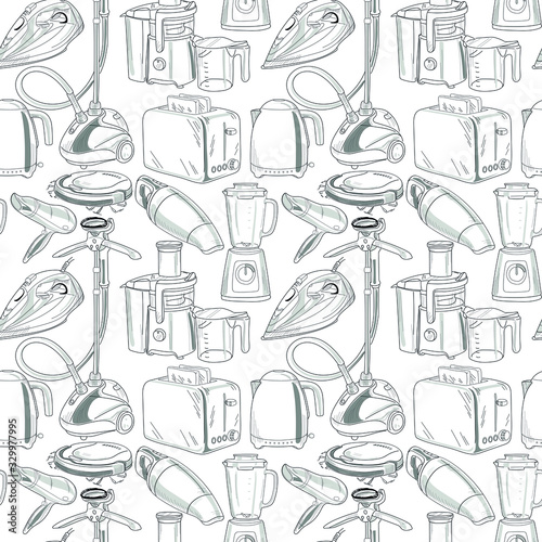 Seamless pattern with household appliances on white background. Vacuum cleaners, irons, steamer, robot vacuum cleaner, hair dryer, toaster, blender, juicer, kettle.